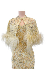 Fabulous 1950s Unlabeled Pearl, Bead & Feather Detailed Yellow Lace Dress w Matching Cape