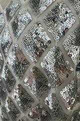 Fantastic Fall 2019 Huishan Zhang Silver Sequin on White Net & Organza Dress w Feather Detailing