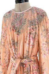 Incredible 1970s Hanae Mori Floral & Butterfly Peach Silk Chiffon Dress w Balloon Sleeves & Beading
