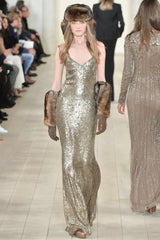 Fall 2015 Ralph Lauren Purple Label Runway Finale Look 43 Bronze Sequin Halter Dress w Open Back