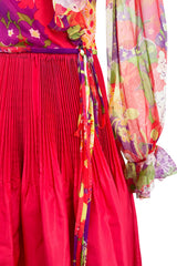 1972 Yves Saint Laurent Red Floral Silk Chiffon & Red Silk Dress w Balloon Sleeves & Pleat Detailing
