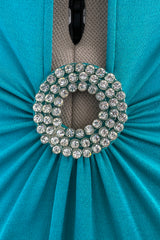 Spectacular Early 1970s Loris Azzaro Plunging Turquoise Silk Jersey w Open Rhinestone Rings