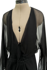Minimalist Mid-1970s Halston Black Bias Cut Silk Chiffon Wrap Dress w Wide Sleeves