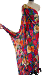 Exquisite Fall 1997 Yves Saint Laurent Brilliant Multi Floral Printed Silk Chiffon Bias Cut & Draped One Shoulder Dress