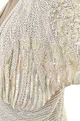 Prettiest 1970s Lillie Rubin Ivory Fully Sequinned & Applied Tube Beads on Silk Chiffon Dress