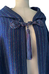 Fabulous Fall 1976 Yves Saint Laurent Striped Blue Wool Knee Length Cape w Hood & Tassel Detailing