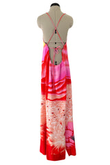 Incredible Spring 1978 Hanae Mori Brilliant Pink & Coral Sunset & Floral Caftan Dress & Cape Overlay