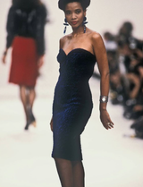 Fall 1986 Yves Saint Laurent Runway & Ad Campaign Hand Gathered Strapless Velvet Dress