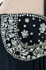 Sophisticated 1960s Donald Brooks Fine Black Wool Crepe Dress w Elaborate Rhinestone Detailing