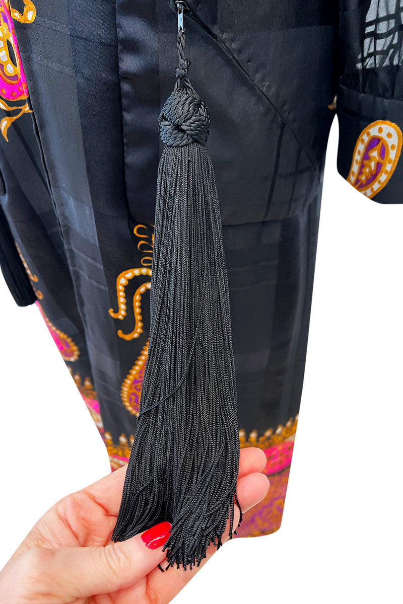 Documented Fall 1970 Valentino Printed Black Ribbon Silk Chiffon Dress w Huge Tassel Detail