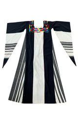 1960s Josefa Hand Embroidered Natural Linen & Black Caftan Dress W Incredible Sleeves