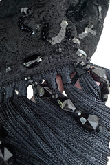 Fall 1992 Emanuel Ungaro Strapless Sequin SIlk & Lace Black Dress w Fringed & Beaded Hem