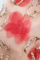 Dreamy 2000s Oscar de la Renta Pink Net & Floral Silk Dress w Bead & Flower Sequin Detailing