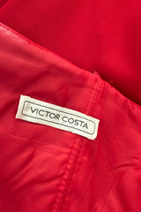 Prettiest 1980s Victor Costa Clear Red Strapless Dress w Full Skirt & Underskirts & Large Rhinestone Dome Buttons
