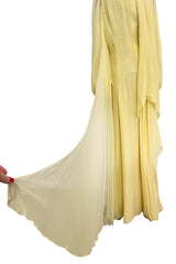 Exceptional 1970s George Stavropoulos Pale Yellow Bias Cut Silk Chiffon Caftan Dress w Attached Panel