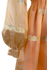 Prettiest 1960s Oscar De La Renta Peach Iridescent Silk Organza Dress w Gold Thread Detailing
