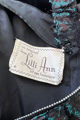 Spectacular 1940s Lilli Ann Teal & Brown Brodace & Velvet Dress w Looped Lame Detailing