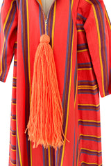 Incredible 1960s Josefa Striped Cotton Caftan Dress w Hood & Huge Orange Yarn Tassel Detailing