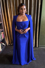 Spring 2020 Alex Perry Runway Brilliant Blue Dress w Twist Front & to the Floor Caped Sleeves