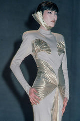 Outstanding Fall 1986 Thierry Mugler Pleated Metallic Gold Lurex Pleated Strapless Bodice 'Shell' Dress
