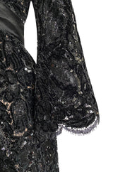 Incredible Fall 1970 Donald Brooks Runway Black Chenille & Sequin Net Lace Dress w Plunge Front