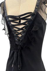 Spectacular Christian Dior by John Galliano Spring 2003 Black Silk Chiffon Lace Up Skirt & Top Set