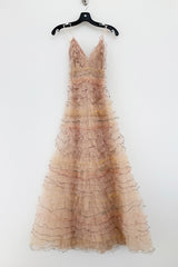 Pre-Fall 2017 Valentino by Pierpaolo Piccioli Nude Pink Ruffled Dress w Rainbow Emroidered Edges