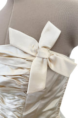 1950s Philip Hulitar Couture Strapless Gathered Front Champagne Ivory Silk Dress w Bow