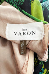 Magical 1970s Jean Varon Green Printed Dress w Elaborate Ruffled Sleeves