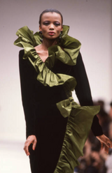 Amazing Fall 1984 Yves Saint Laurent Runway Black Velvet Wrap Dress w Olive Silk Taffeta Ruffles