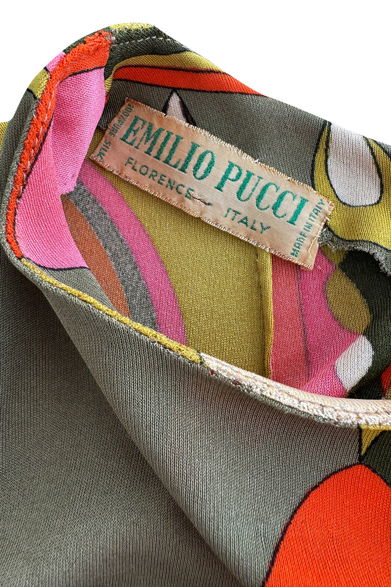 Fantastic 1960s Emilio Pucci Green Pink Coral & Orange Abstract Print Silk Jersey Dress