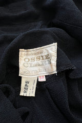 1969 Ossie Clark Bishop Sleeve Black Moss Crepe Dress w Button Front & Dog Ear Collar