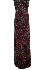 Exquisite 1965-66 James Galanos Couture Heavily Hand Beaded & Sequined Silk Print Dress