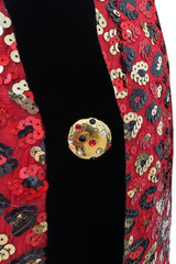 Spectacular Fall 1990 Givenchy Red Silk Organza Button Dress w Sequins & Velvet Trim &