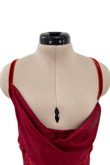 Exquisite Fall 1999 John Galliano Deep Red Bias Cut Patterned Silk Backless Dress w Velvet Ribbon Details