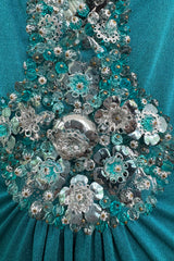 Stunning Spring 1971 Loris Azzaro Deep Turquoise Silk Jersey Dress w Densely Beaded Plunging Front Detail
