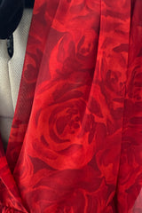 Beautiful Fall 1994 Yves Saint Laurent Red Rose Print Off Shoulder Dress w Velvet Bow