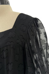 Chic c.1973 Yves Saint Laurent Black Gauzy Feeling Silk Chiffon Dress w Pattern & Full Sleeves