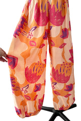 Amazing Late 1970s Bill Tice Printed Tissue Silk Backless Jumpsuit w Balloon Pouf Legs
