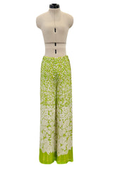 Fantastic 1970s Pauline Trigere Two Piece Green Silk Chiffon Plunge Top & Wide Leg Pant Set