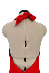 Amazing 1970s Halston Red Jersey Halter Neck Jumpsuit w Open Bare Back & Ultra Wide Legs
