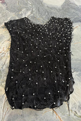 Rare 1980s Jan Faulkner Hand Made Black Suede Cut Out Mini Dress w Pearls & Fringe