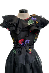Spring 1981 Unlabeled Christian Dior Floral Print Silk Organza Dress w Ruffled Shoulders