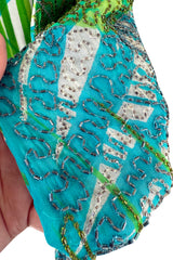 Phenomenal c.1972 La Mendola Hand Beaded Green Printed Caped One Shoulder Silk Jumpsuit