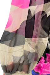 Romantic 1970s Hanae Mori Huge Pink Floral Print Silk Chiffon Dress w Grey Scale Backdrop