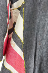 Fabulous 1960s Josefa Hand Muted Charcoal & Coral Cotton Caftan w Hand Embroidered Details