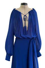 Superb Spring 2013 Yves Saint Laurent Hedi Slimane Debut Runway Blue Dress Silk Chiffon w Matching Cape & Sash
