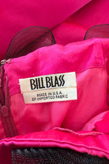 Book Documented Spring 1988 Bill Blass Bright Pink Silk & Black Net Ruffle Dress w Pouf Sleeves