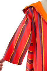 Incredible 1960s Josefa Striped Cotton Caftan Dress w Hood & Huge Orange Yarn Tassel Detailing