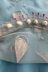 Prettiest Vintage Unlabeled Dusty Pale Blue Net Applique & Embroidered Dress w Ribbon Waist Tie